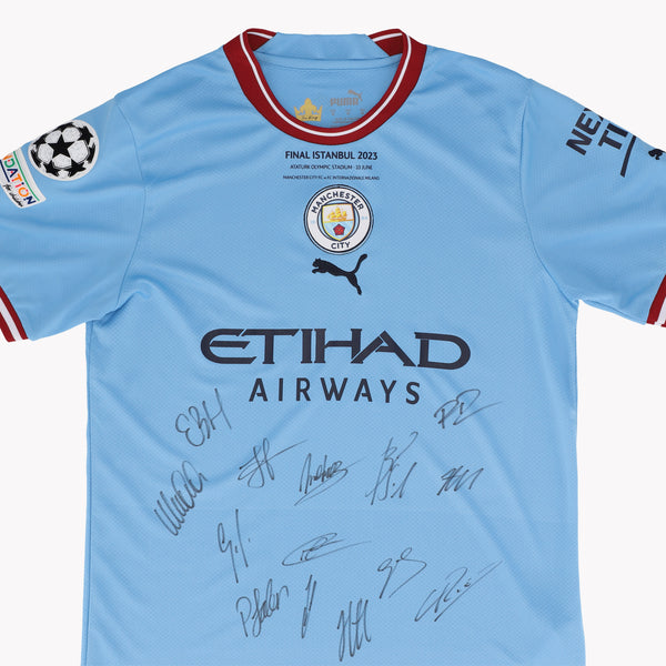 Front view of Manchester City Champions League Winners Front Signed Shirt (Istanbul 2023).