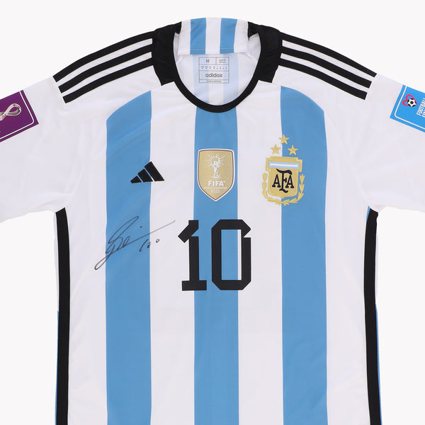Front view of Messi's Argentina World Cup 2022 Edition shirt, displayed in premium condition