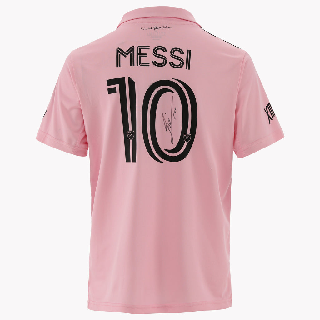 Back view of Messi's Inter Miami 2023-24 shirt, displayed in premium condition.