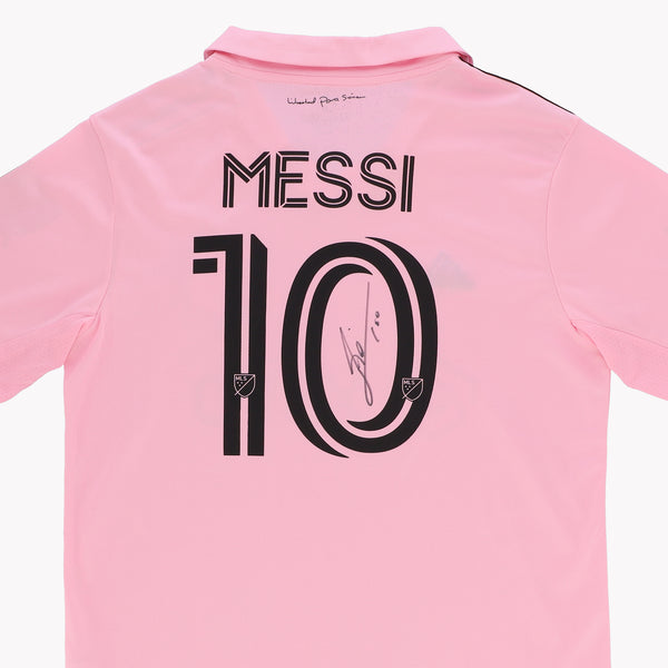 Close-up of Messi Inter Miami 2023-24 Back Signed Shirt, highlighting Messi's signature.