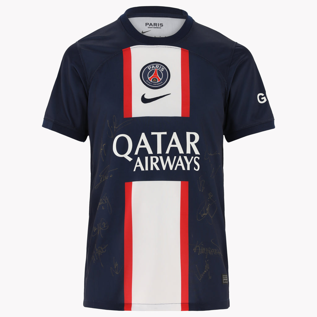 Close-up of PSG Ligue 1 2022-23 Winners shirt, front view, signed by team