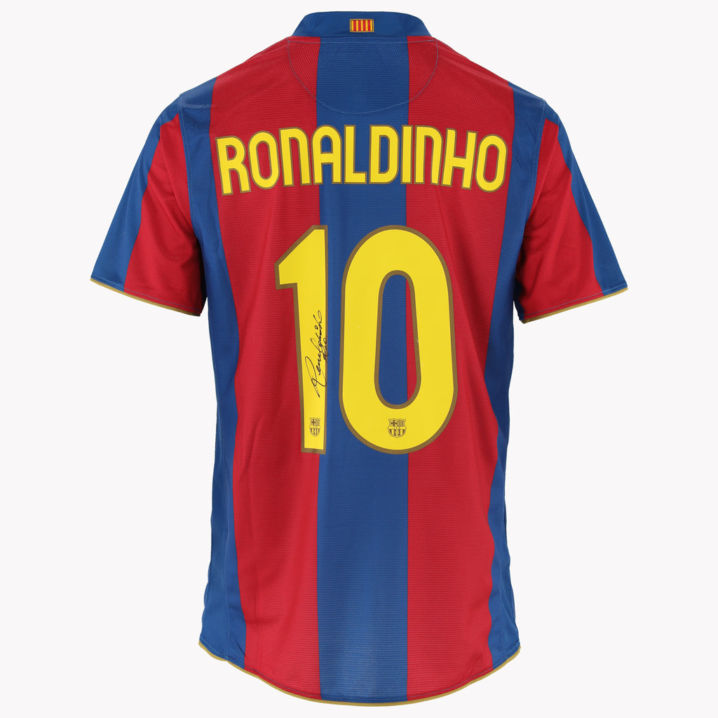 Back view of Barcelona 2007-08 shirt, personally signed by Ronaldinho.