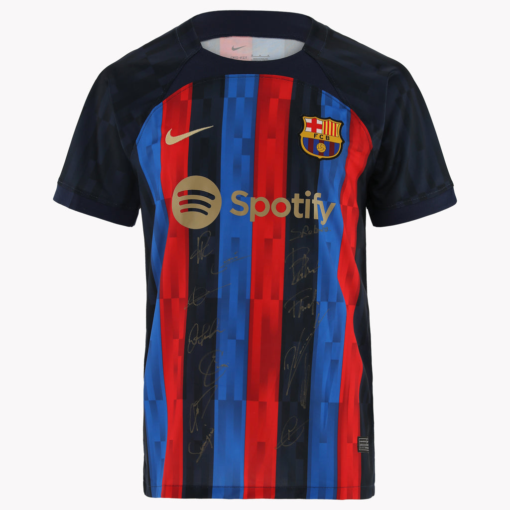 Close-up of Barcelona La Liga 2022-23 Winners Front Signed Shirt, highlighting team signatures.
