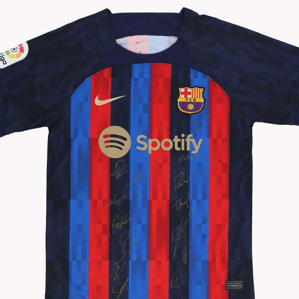 front view of Barcelona La Liga 2022-23 Winners Front Signed Shirt, highlighting team signatures.