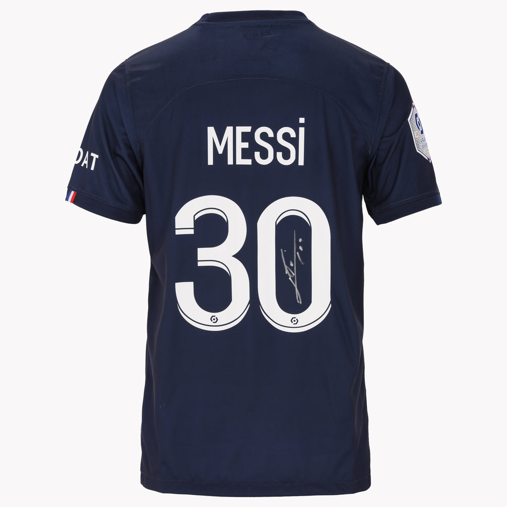 Back view of Messi's PSG Home 2022-23 Edition shirt, displayed new condition.