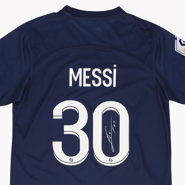 Close-up of Messi PSG Home 2022-23 Back Signed Shirt, highlighting the signature.