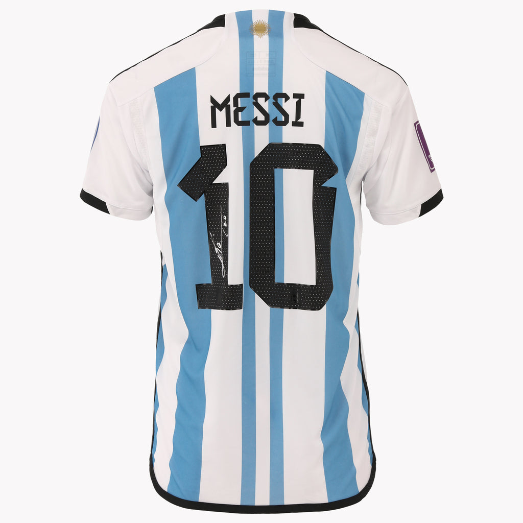 Close-up of Messi Argentina World Cup 2022 Back Signed Shirt, highlighting Messi's signature
