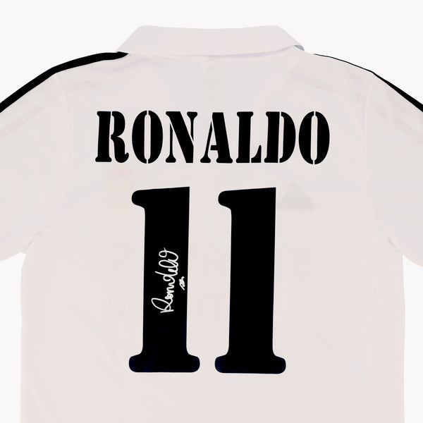 close up look of view of Ronaldo's Real Madrid Home 2002-03 shirt, displayed in premium condition.