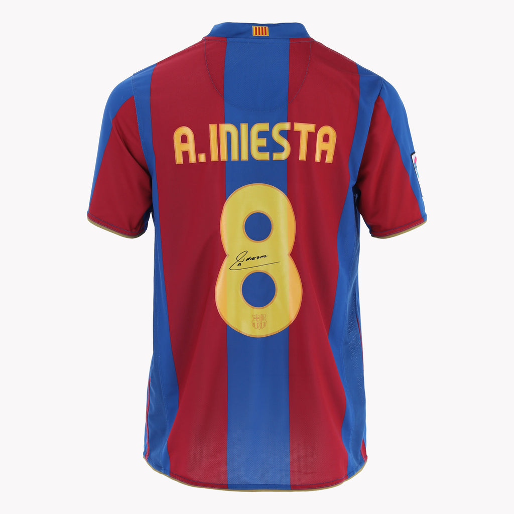 Back view of Iniesta's Barcelona Home 2007-08 shirt, displayed in premium condition.