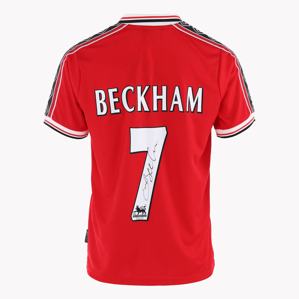 Front view of David Beckham's Manchester United 1997-98 shirt, displayed in premium condition.
