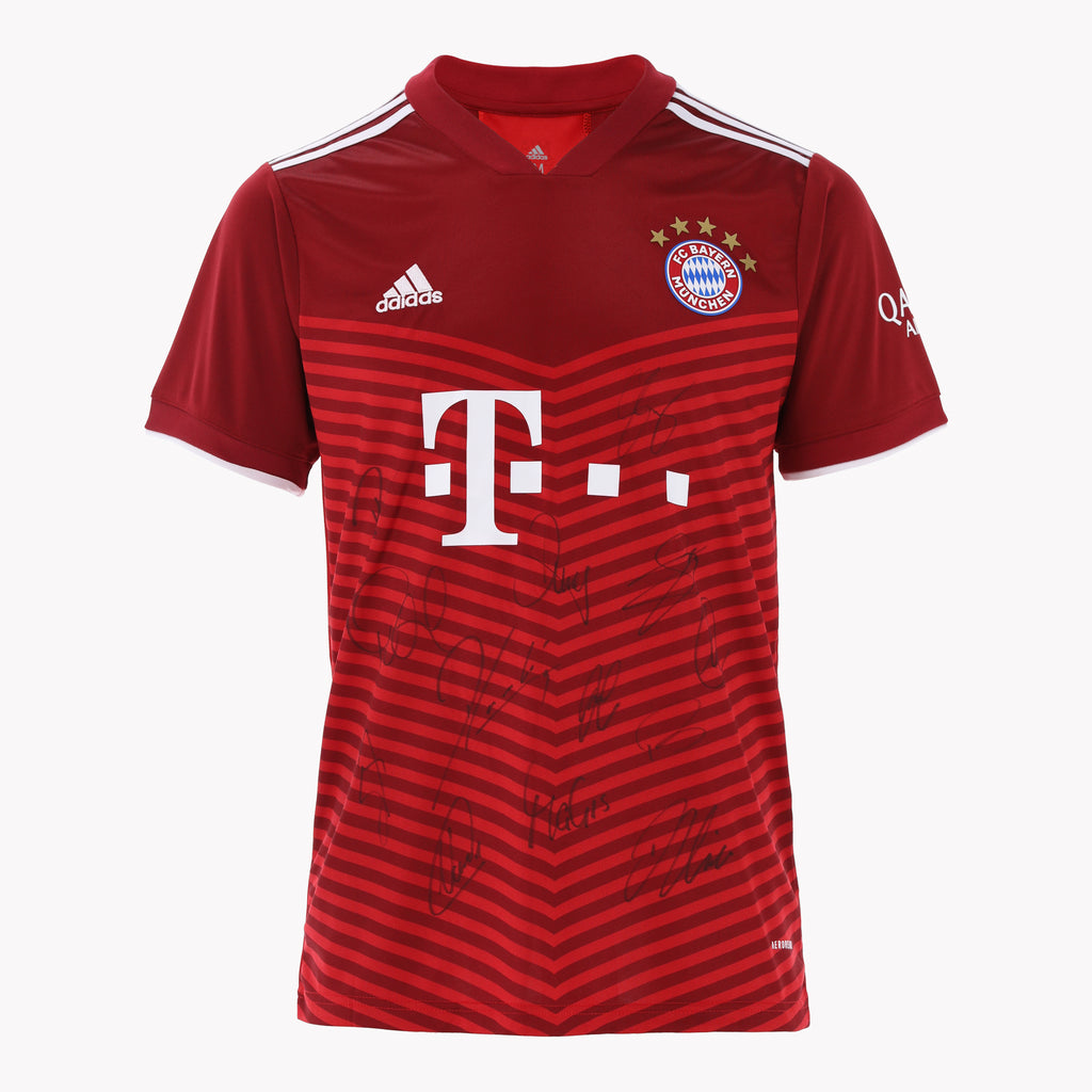 Close-up of Bayern Munich Team Front Signed Shirt, highlighting team signatures.