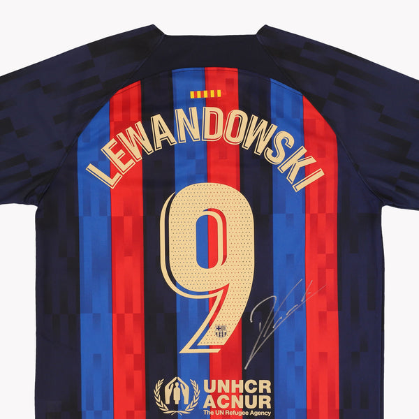 Back view of Lewandowski's Barcelona Home 2022-23 shirt, displayed in premium condition.