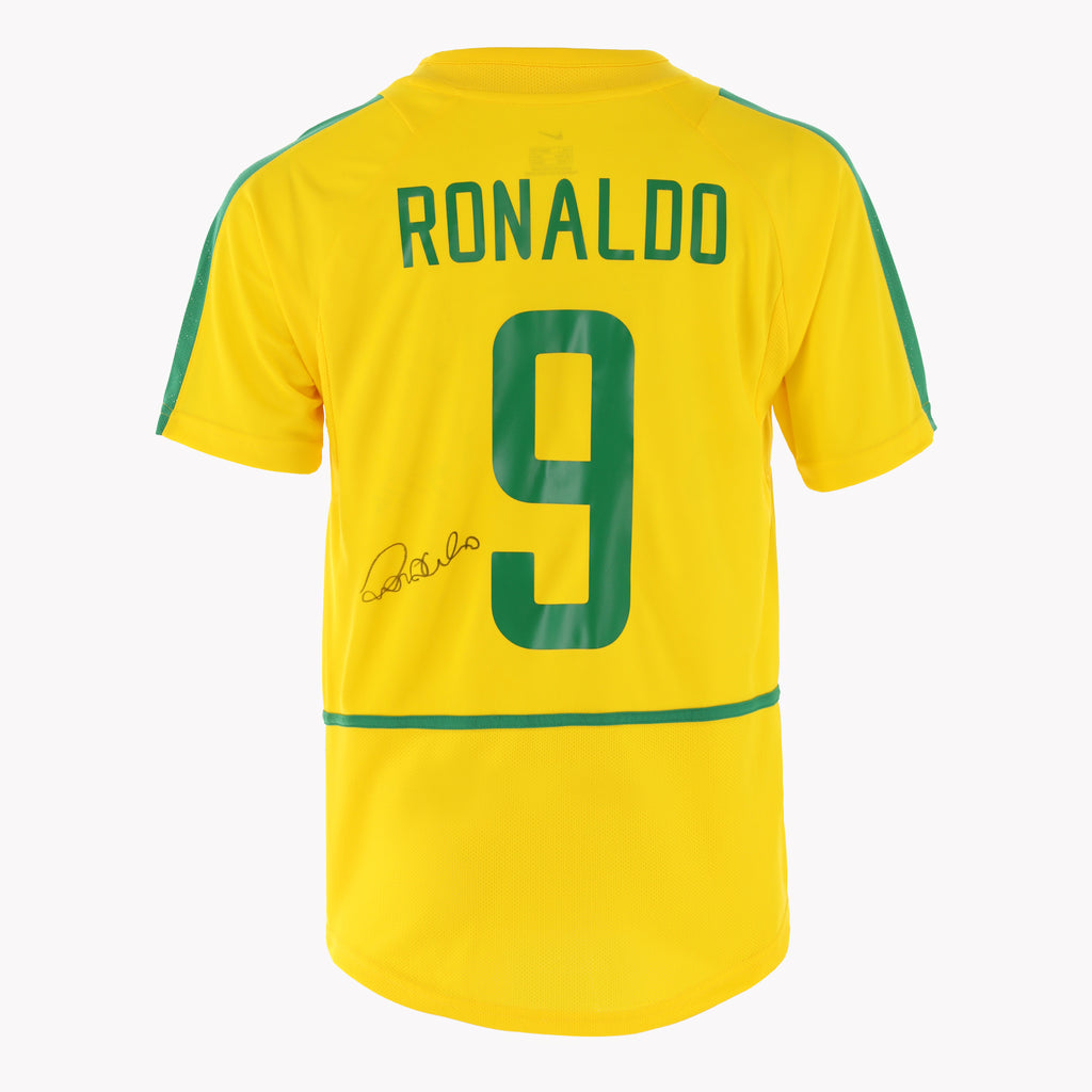 Close-up of Ronaldo Brazil Home 2002 Back Signed Shirt, highlighting Ronaldo's signature