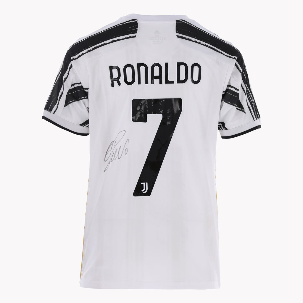 Close-up of Cristiano Ronaldo Juventus Back Signed Shirt, highlighting signature.