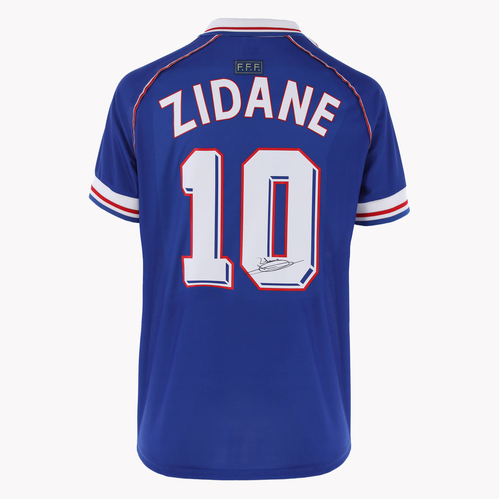 Close-up of Zidane France Back Signed Shirt, highlighting Zidane's signature